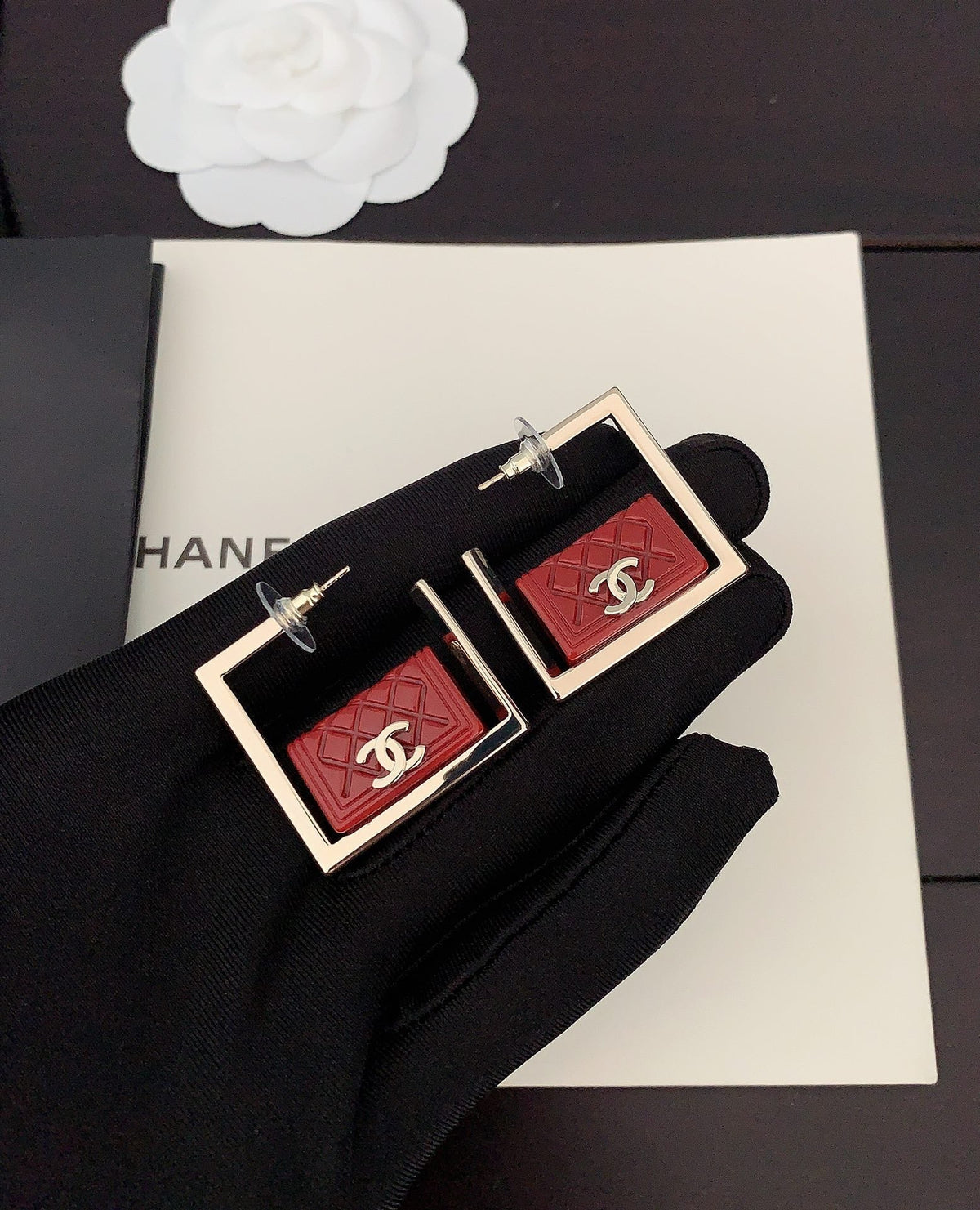 Red Bag Pendant Earrings - 18K Yellow Gold