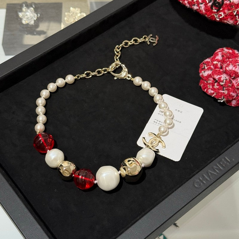 Chanel Red Crystal Pearl Choker Necklace