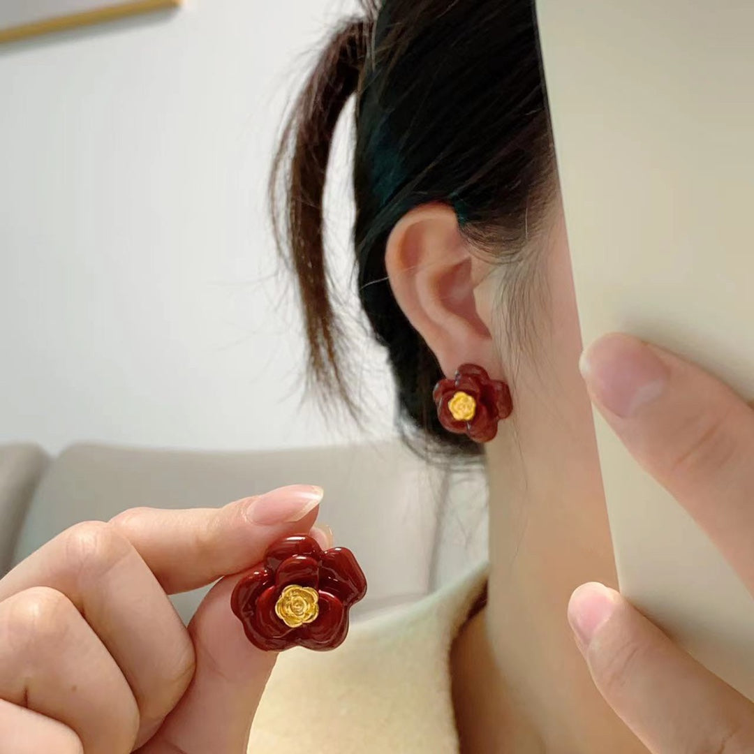 Chanel Red Camellia Resin Earrings - 18K Yellow Gold