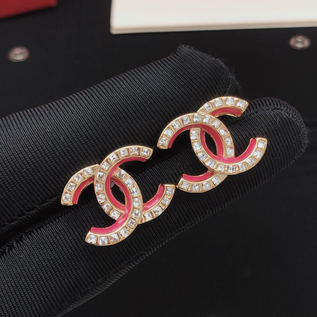 Chanel Pink Resin Crystal Earrings - 18K Yellow Gold