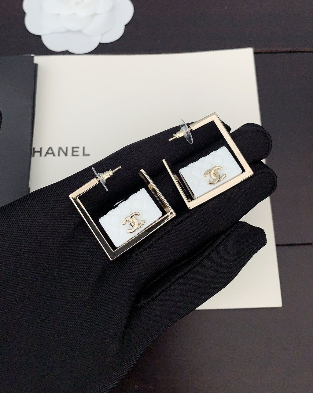 Chanel White Bag Pendant Earrings - 18K Yellow Gold