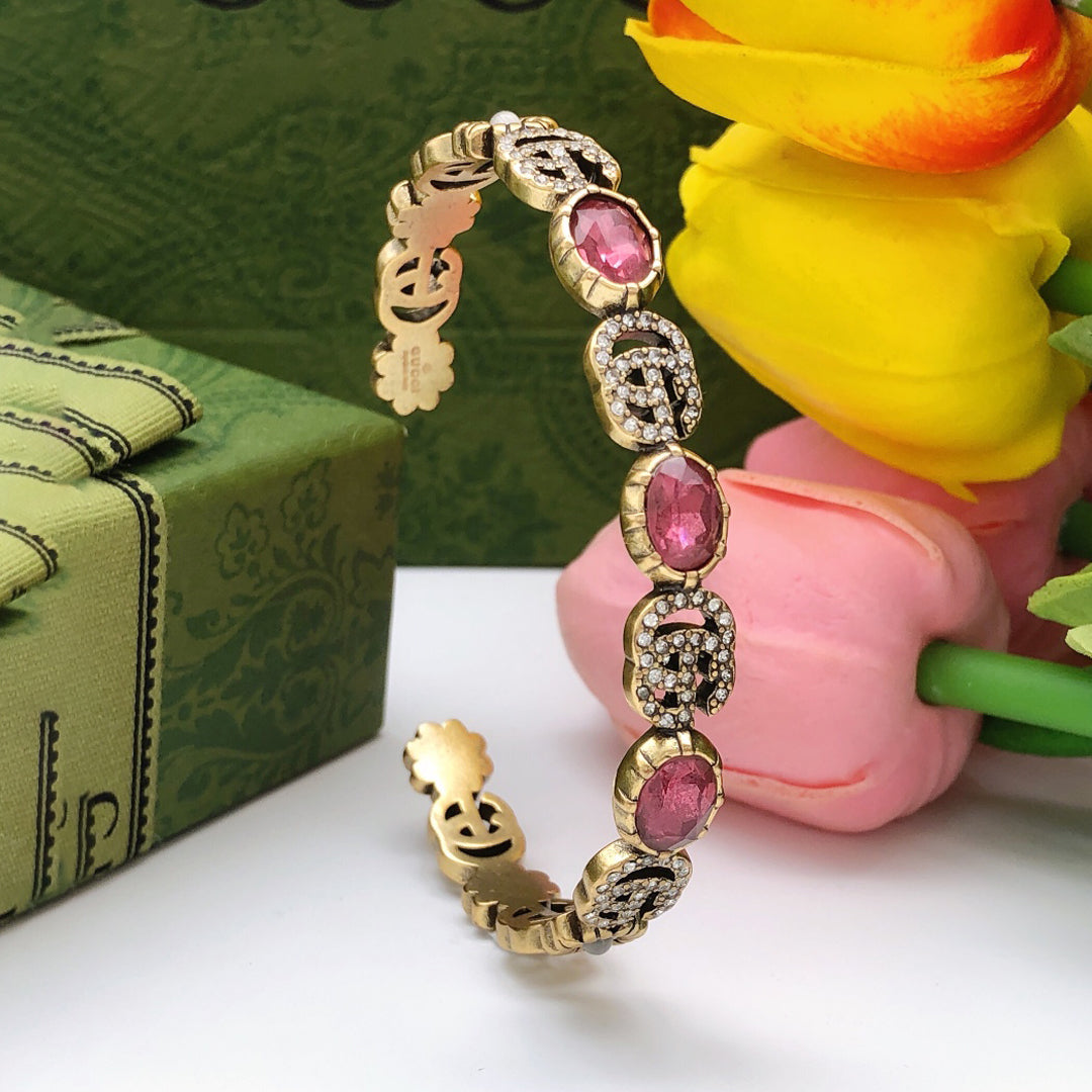 Gucci Double G Red Crystals Open Cuff Bracelet