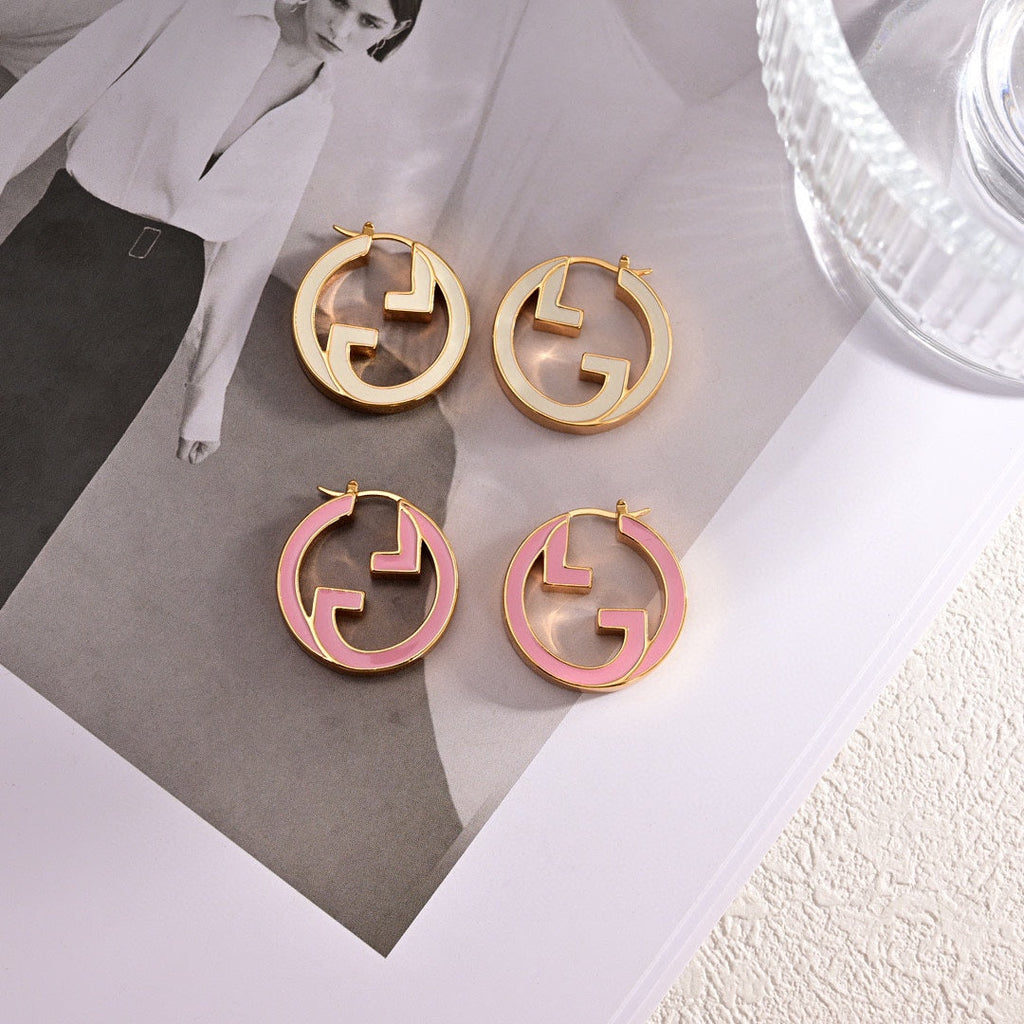 Gucci Double G Pink Hollow Earrings - 18K Yellow Gold