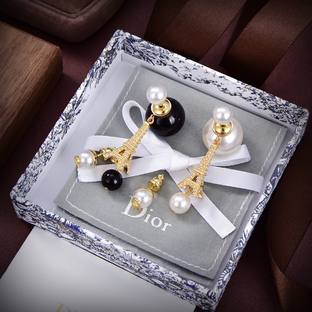 Dior Tribales Eiffel Tower Charm Black Pearl Earrings