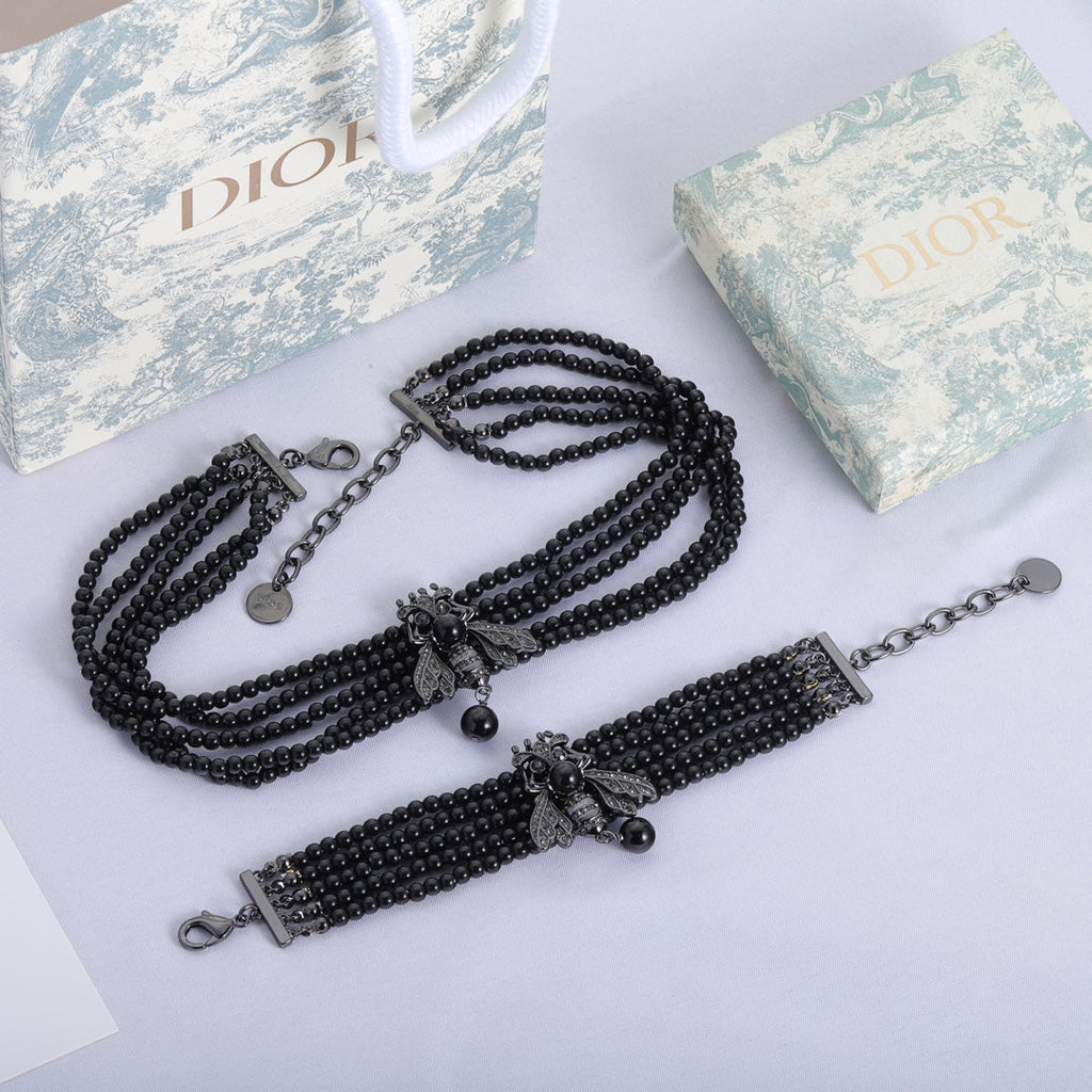 Dior Bee Black Pearls Chain Necklace