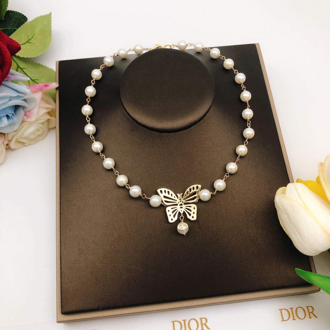 Dior Butterfly Pearl Chain Necklace
