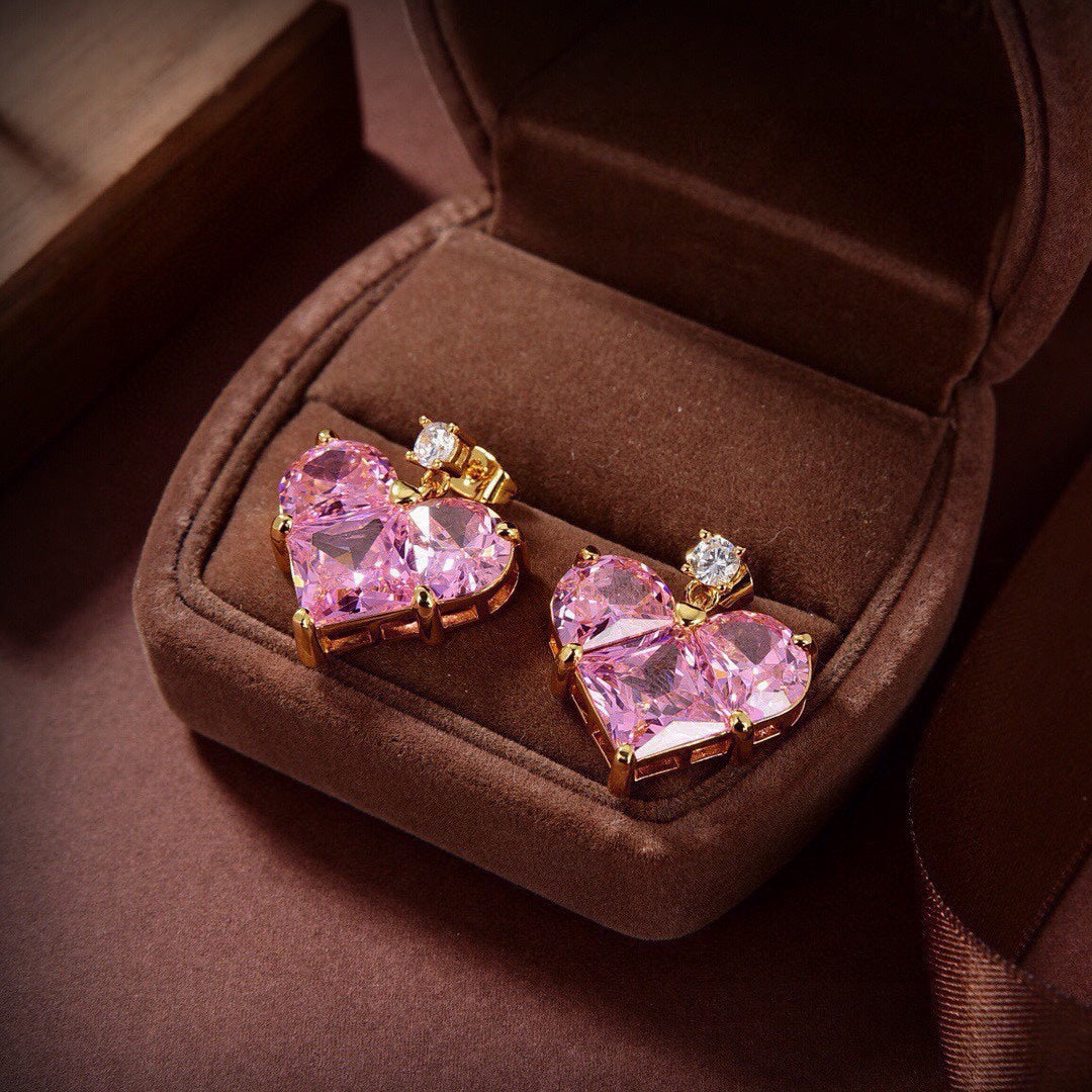 Celine Triomphe Pink Crystal Heart Earrings - 18K Yellow Gold