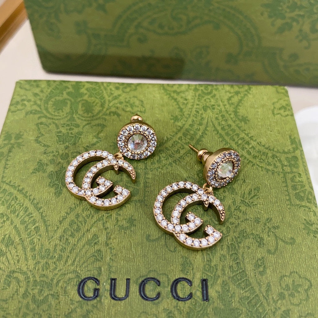 Gucci Double G Crystal Pendant Earrings - 18K White Gold