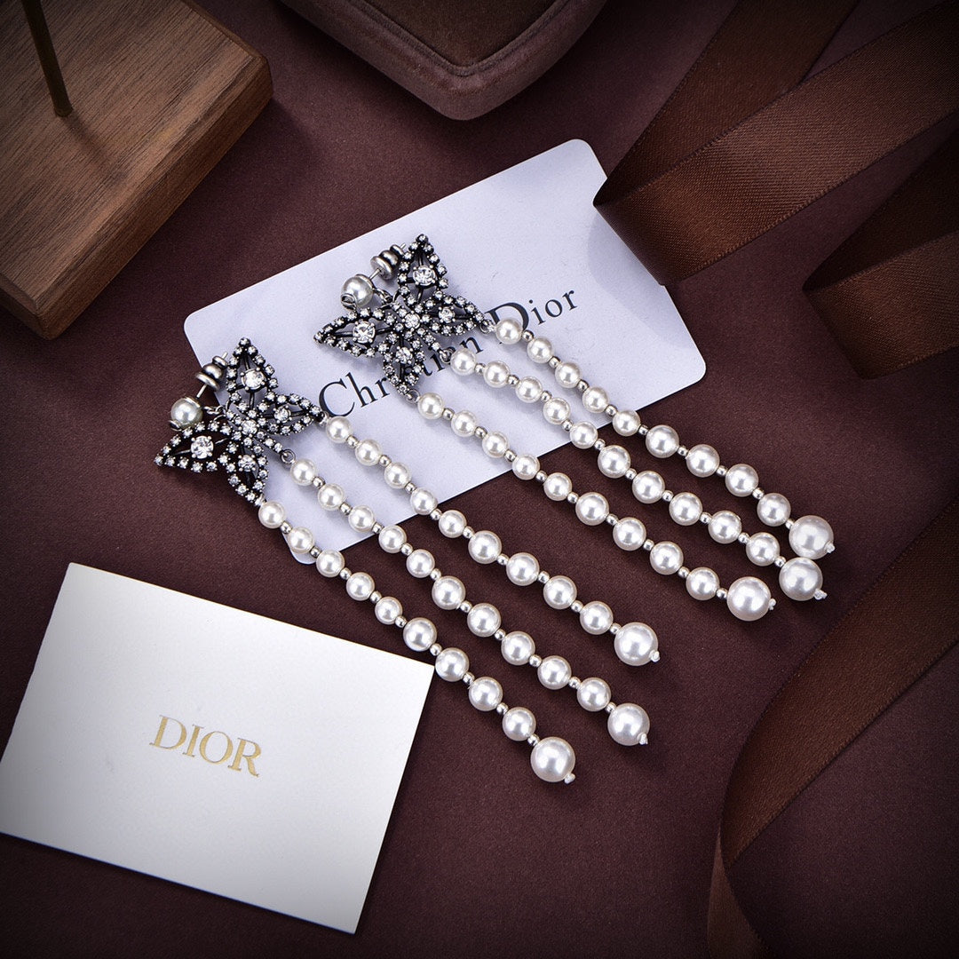 Dior Pearls Tassel Long Earrings