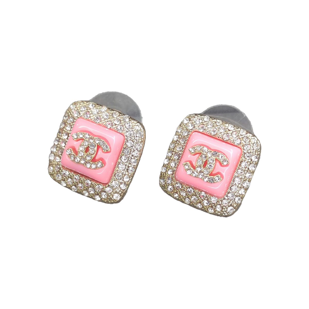 Chanel Diamond Square Pink Earrings - 18K Yellow Gold