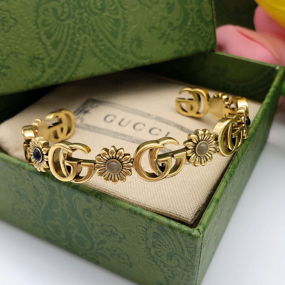 Gucci Double G Flowers Open Cuff Bracelet