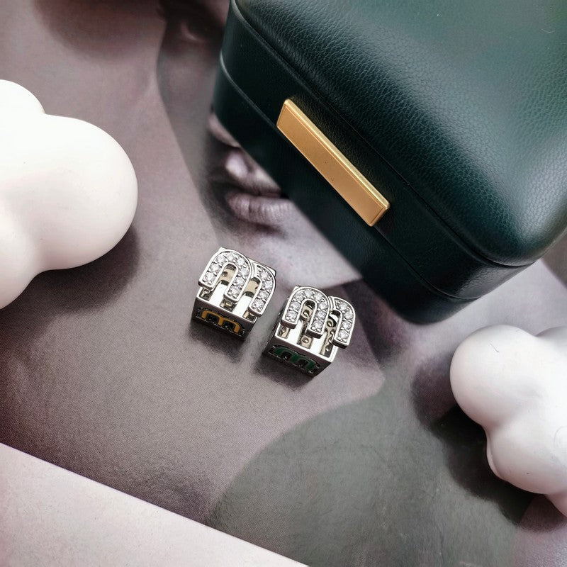 Miu Green & Yellow Cube Earrings - 18K White Gold