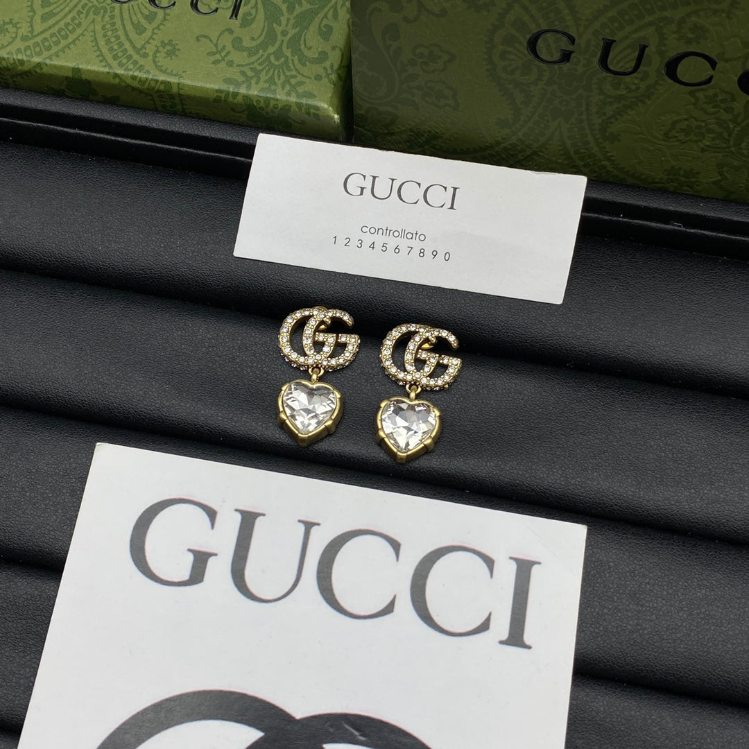 Gucci Double G Crystal Pendant Earrings - 18K Yellow Gold