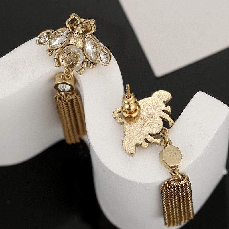 Gucci Double G Bee Tassel Crystal Earrings - 18K Yellow Gold