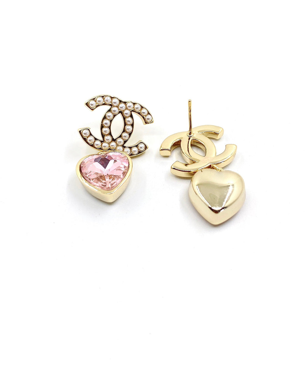 Chanel Pink Heart Crystal Earrings - 18K Yellow Gold