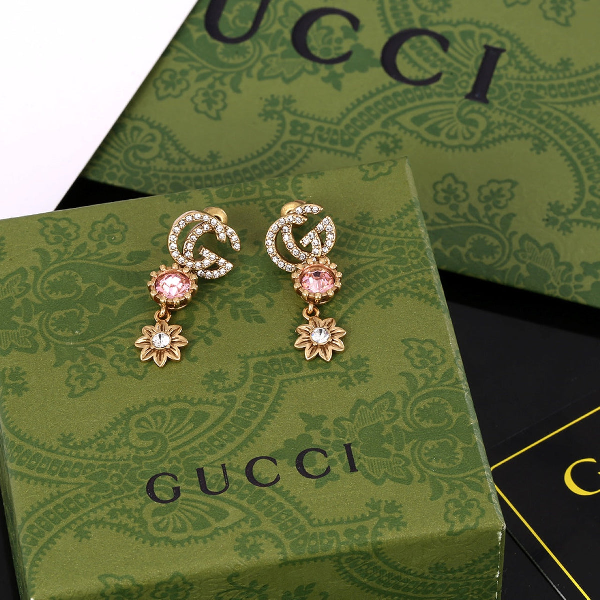 Gucci Double G Flower Crystal Earrings - 18K Yellow Gold