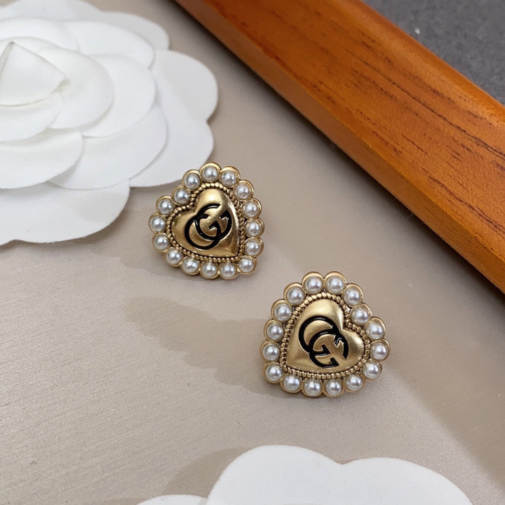 Gucci Double G Heart Pearl Earrings - 18K Yellow Gold