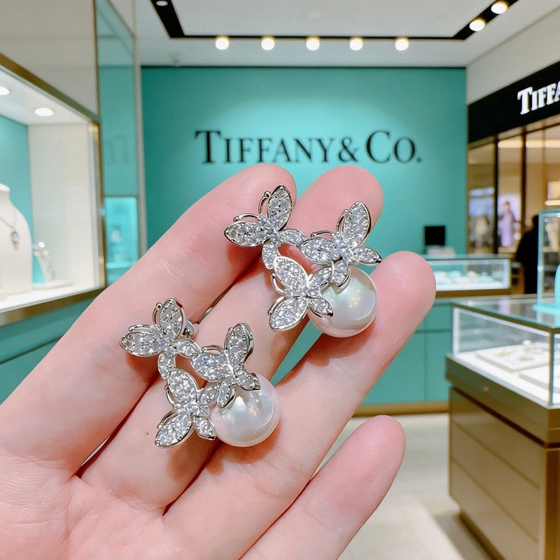 Tiffany Diamond Pearl Earrings - 18K White Gold