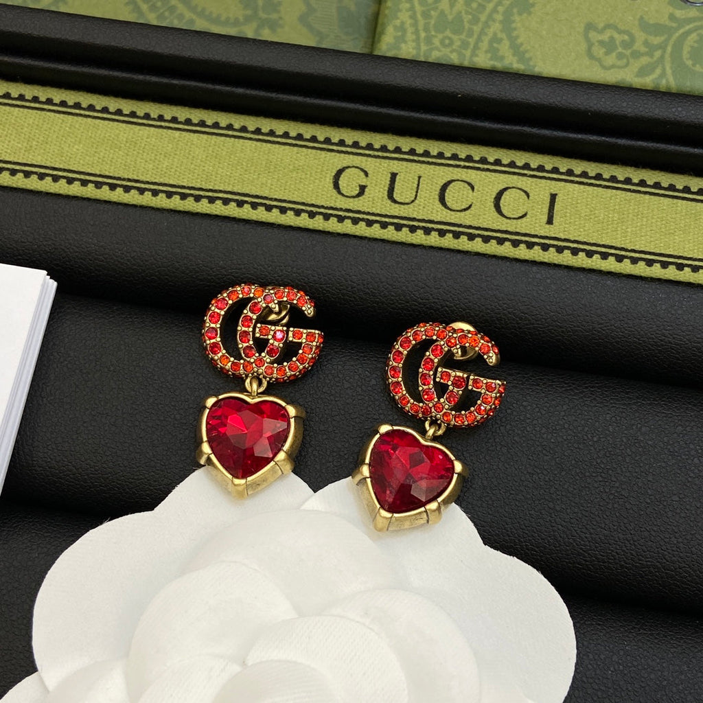 Gucci Double G Red Crystal Earrings - 18K Yellow Gold