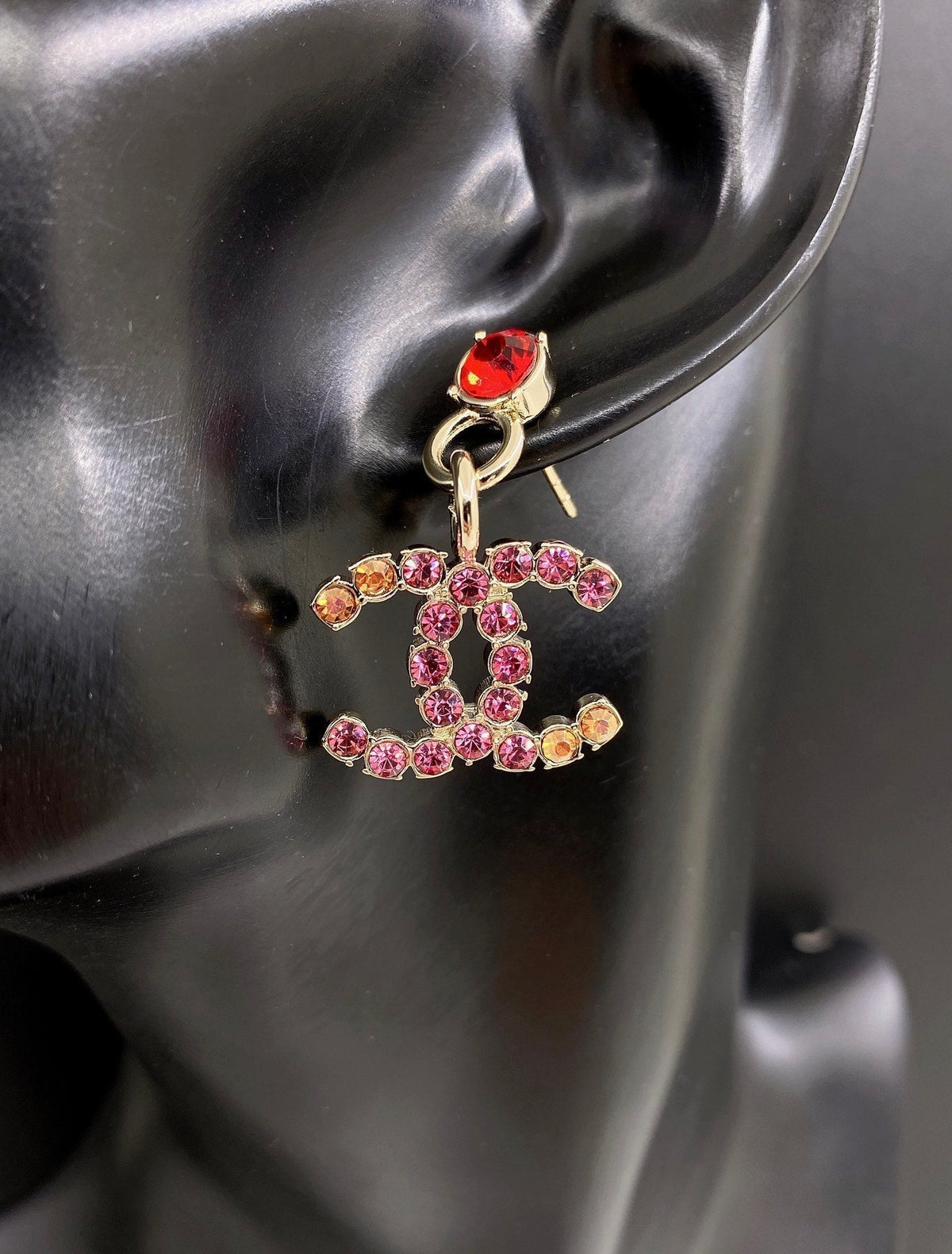 Chanel Pink Crystal Earrings - 18K Yellow Gold