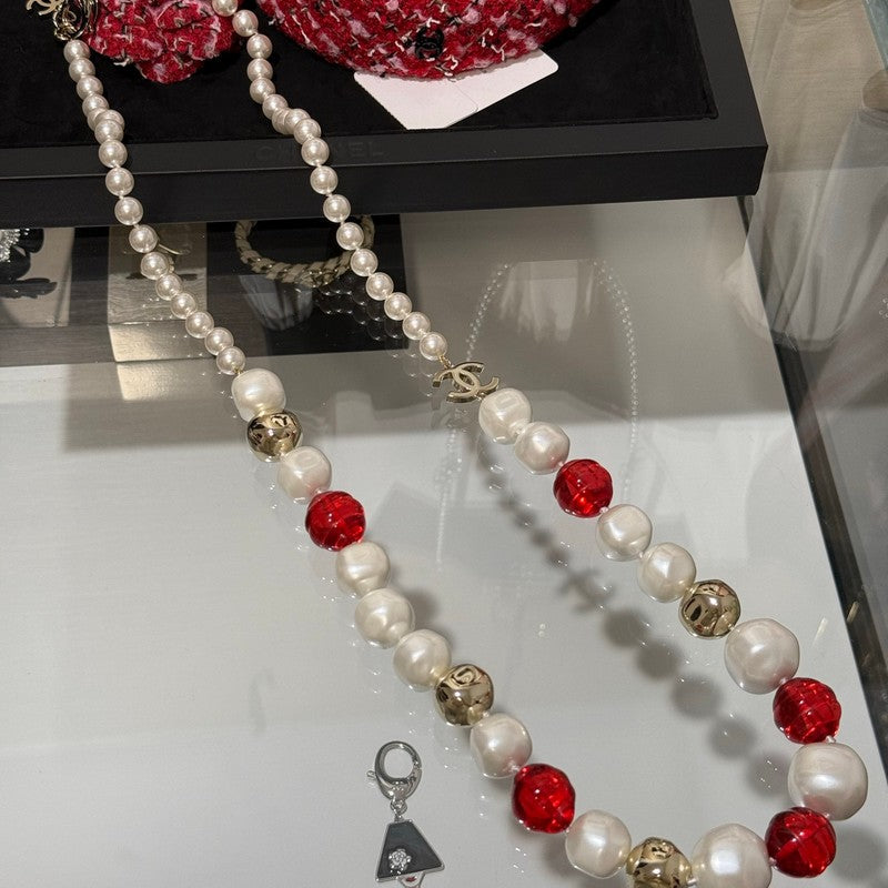 Chanel Red Crystal Pearl Necklace