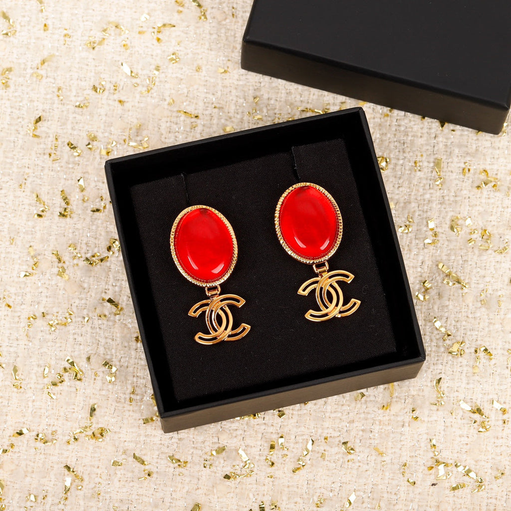 Chanel Red Crystal Pendant Earrings - 18K Yellow Gold