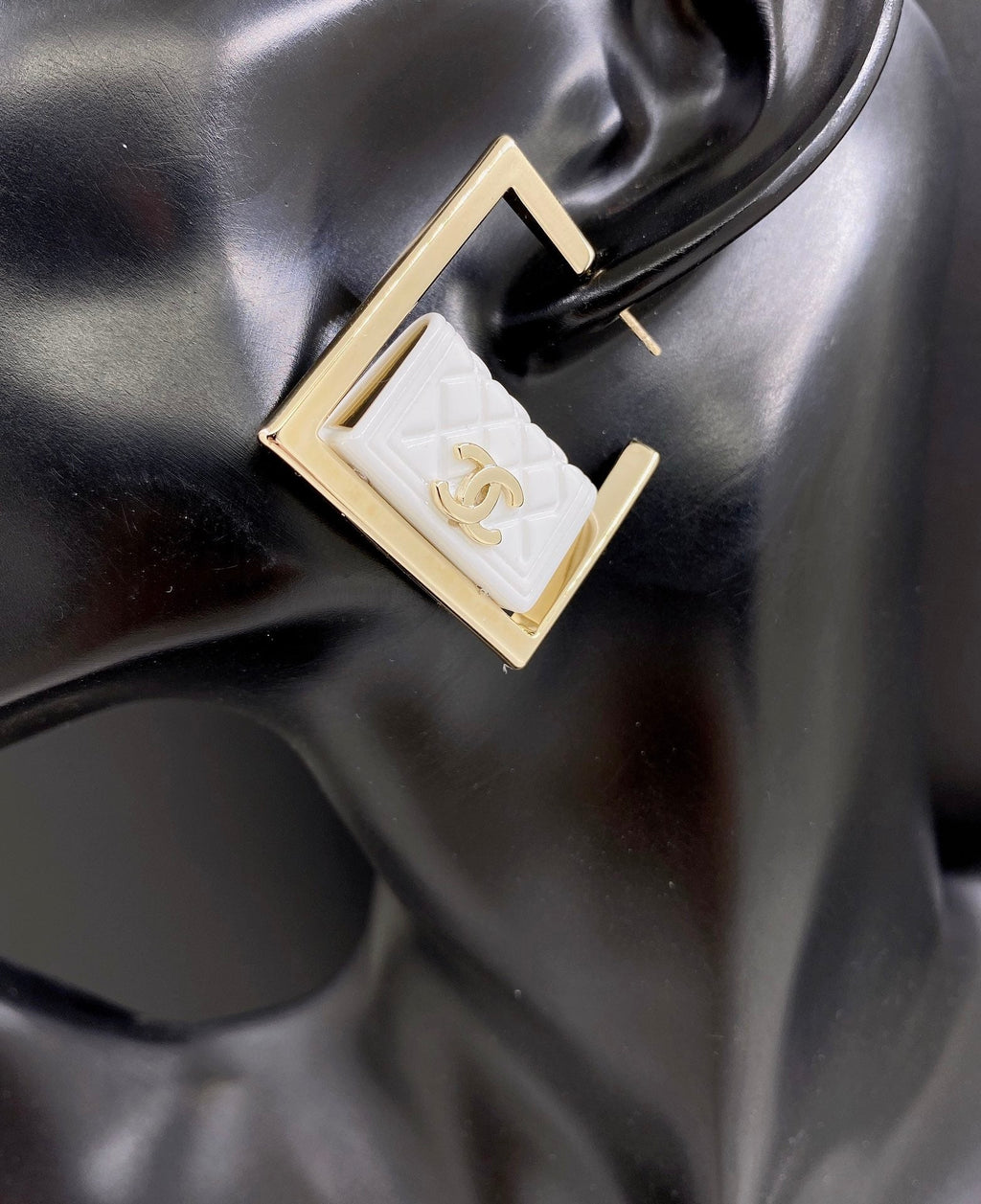 Chanel White Bag Pendant Earrings - 18K Yellow Gold