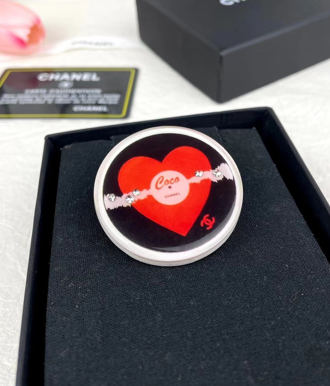 Chanel Red Heart Resin Brooch