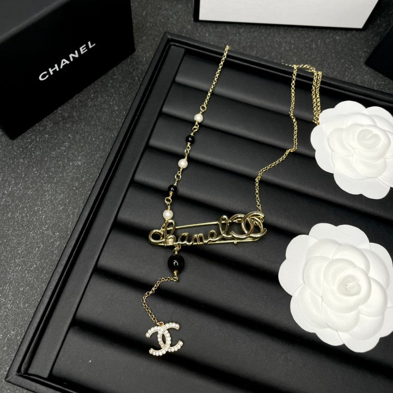 Chanel Rhinestone Pearl Letter Necklace