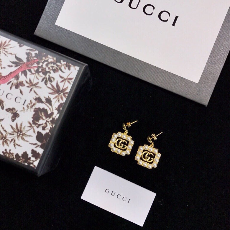 Gucci Double G Square Pearl Earrings - 18K Yellow Gold