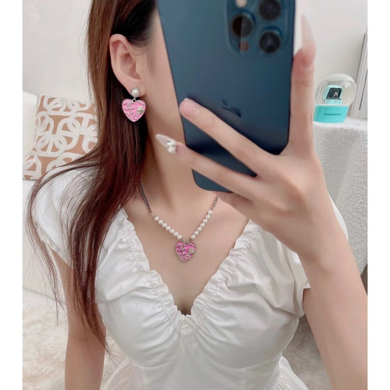Chanel Pink & Black Heart Pearl Necklace