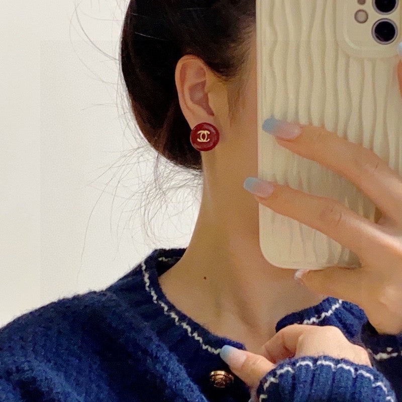 Chanel Wine Red Round Earrings - 18K Yellow Gold