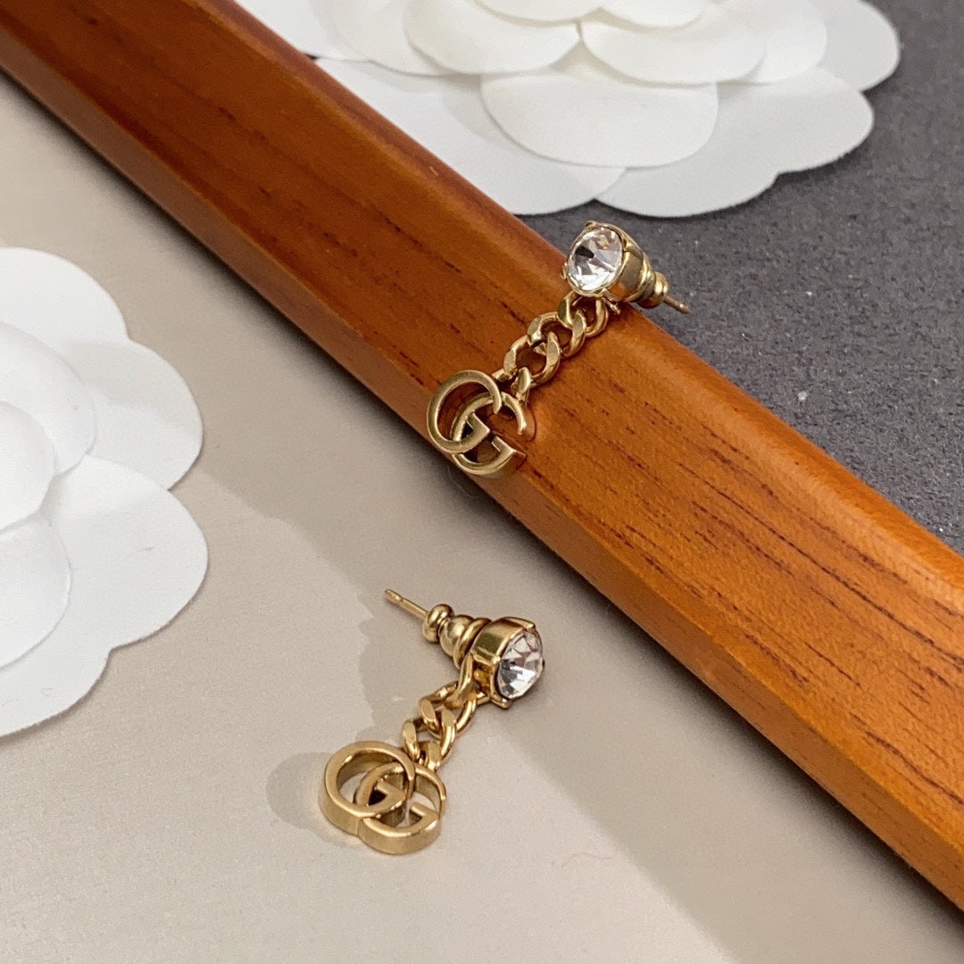 Gucci Double G Crystal Chain Earrings - 18K Yellow Gold