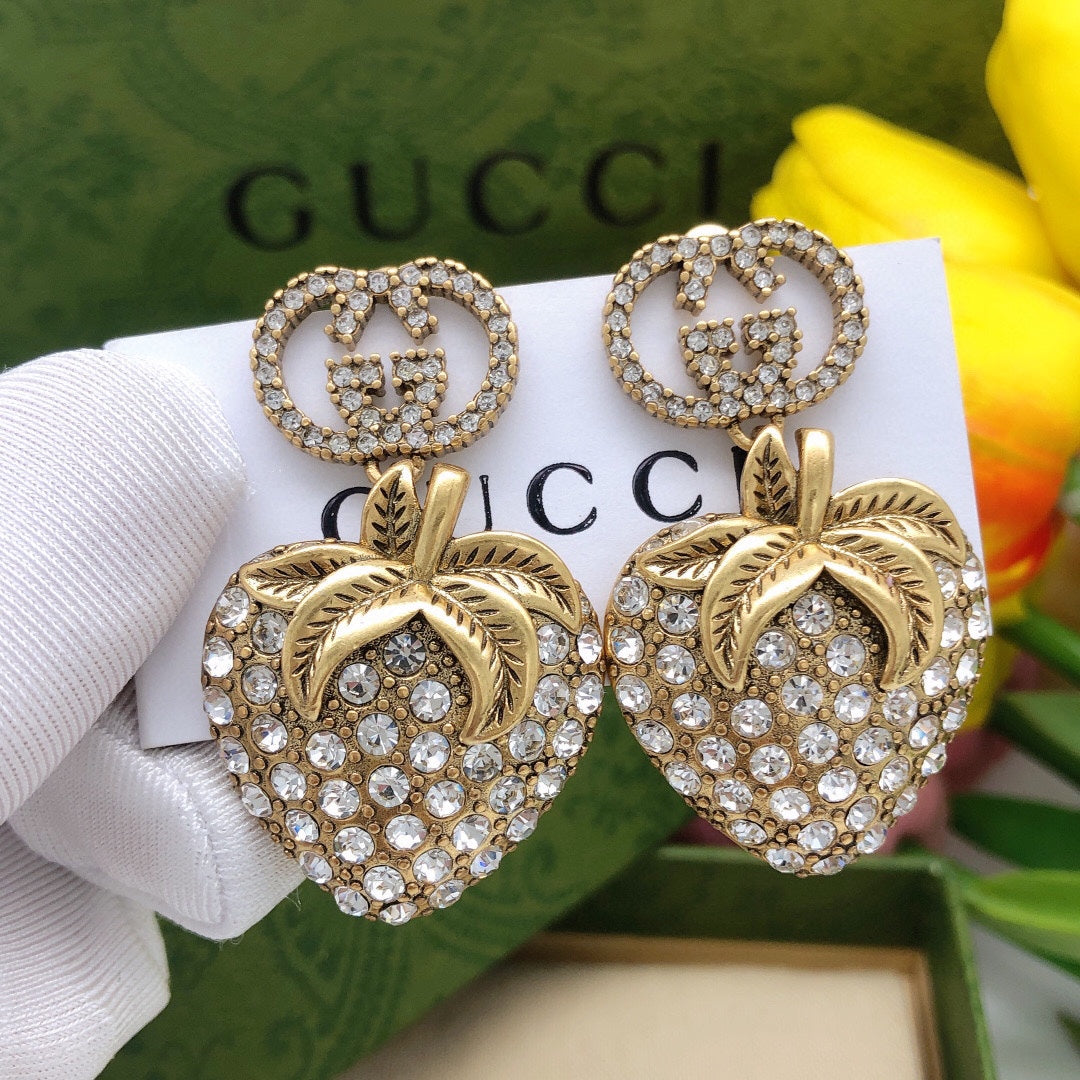 Gucci Double G Crystal Strawberry Pendant Earrings - 18K Yellow Gold