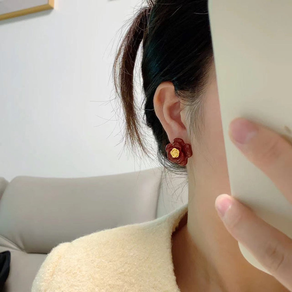 Chanel Red Camellia Resin Earrings - 18K Yellow Gold
