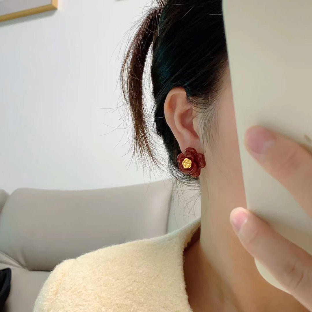 Chanel Red Camellia Resin Earrings - 18K Yellow Gold