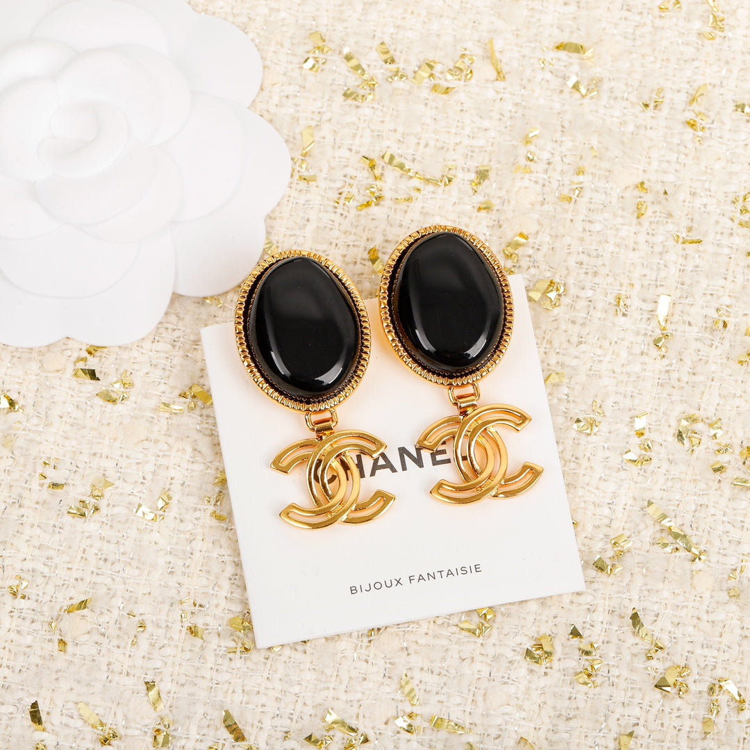 Chanel Black Crystal Pendant Earrings - 18K Yellow Gold