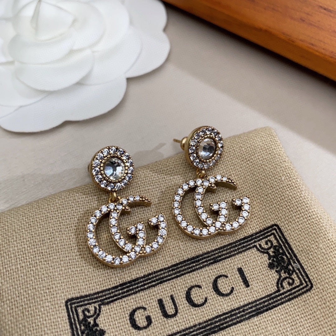 Gucci Double G Crystal Pendant Earrings - 18K White Gold