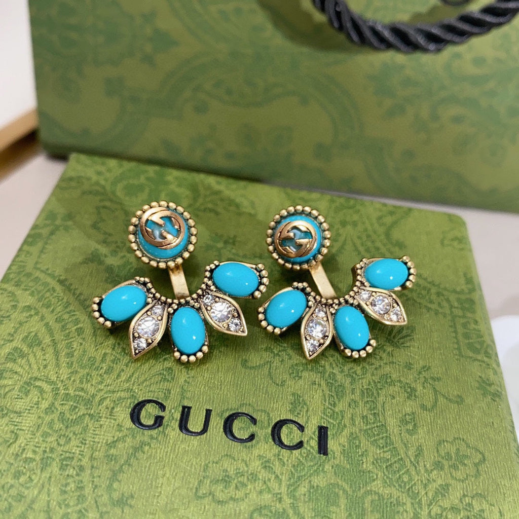 Gucci Double G Blue Flowers Earrings - 3.5 cm Height - 18K Yellow Gold