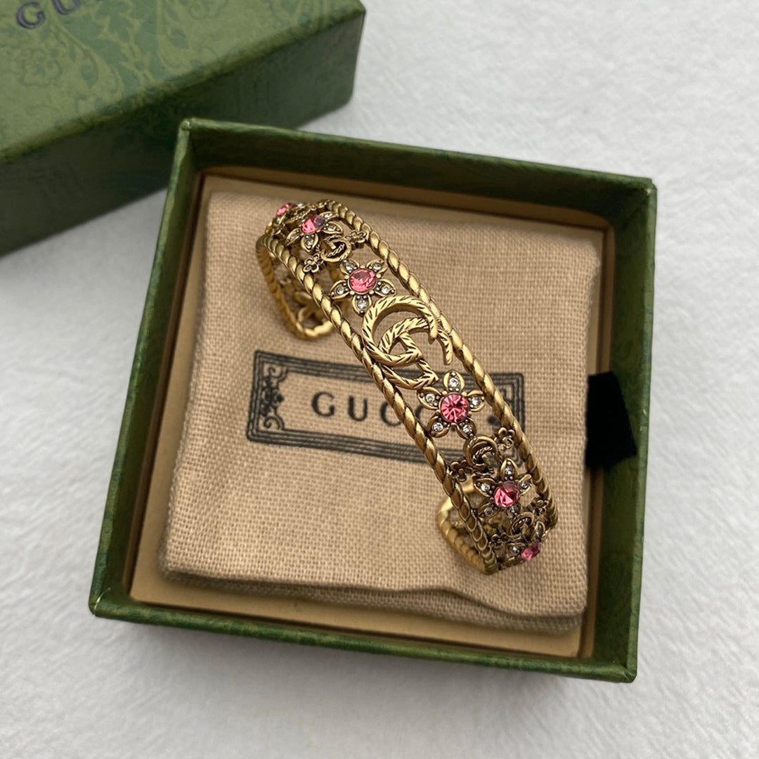 Gucci Double G Red Crystal Flower Cuff Bracelet