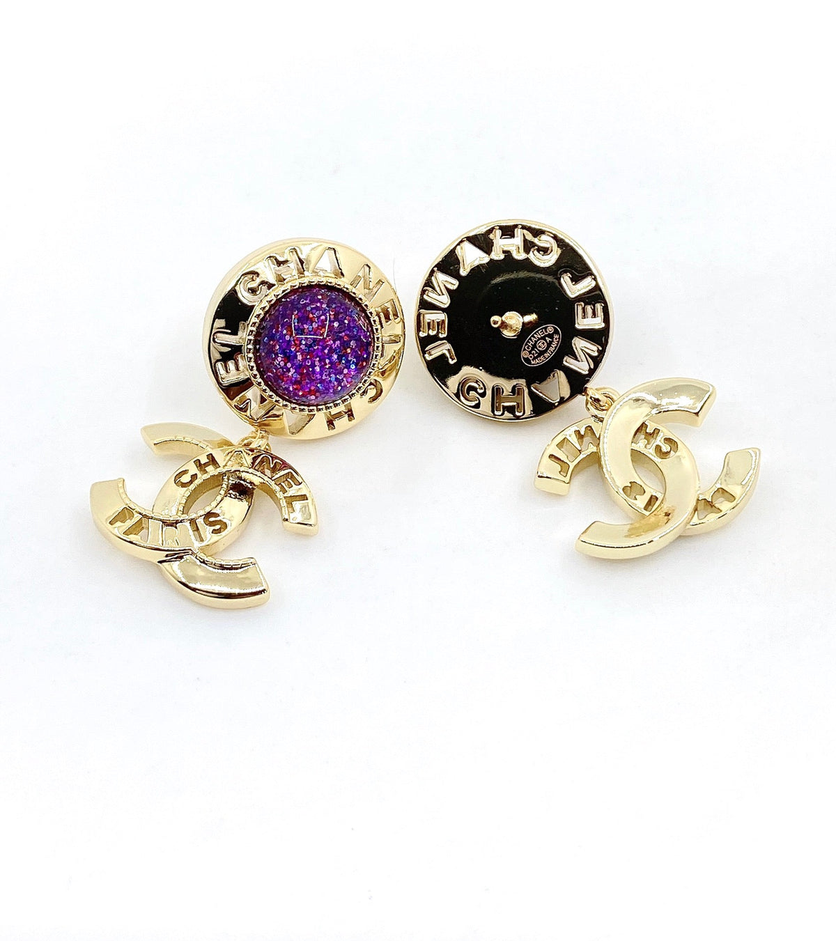 Chanel Purple Crystal Earrings - 18K Yellow Gold