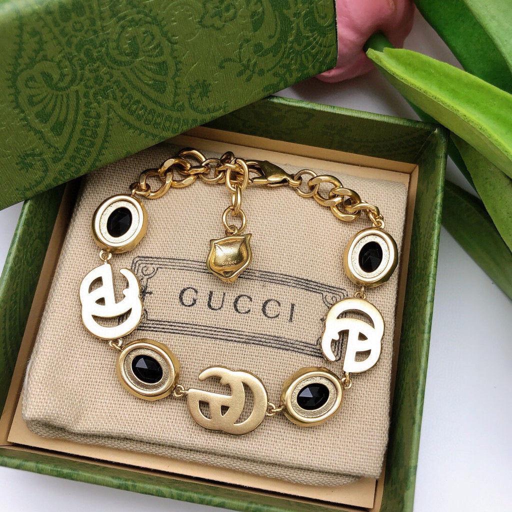 Gucci Double G Black Stones Chain Bracelet