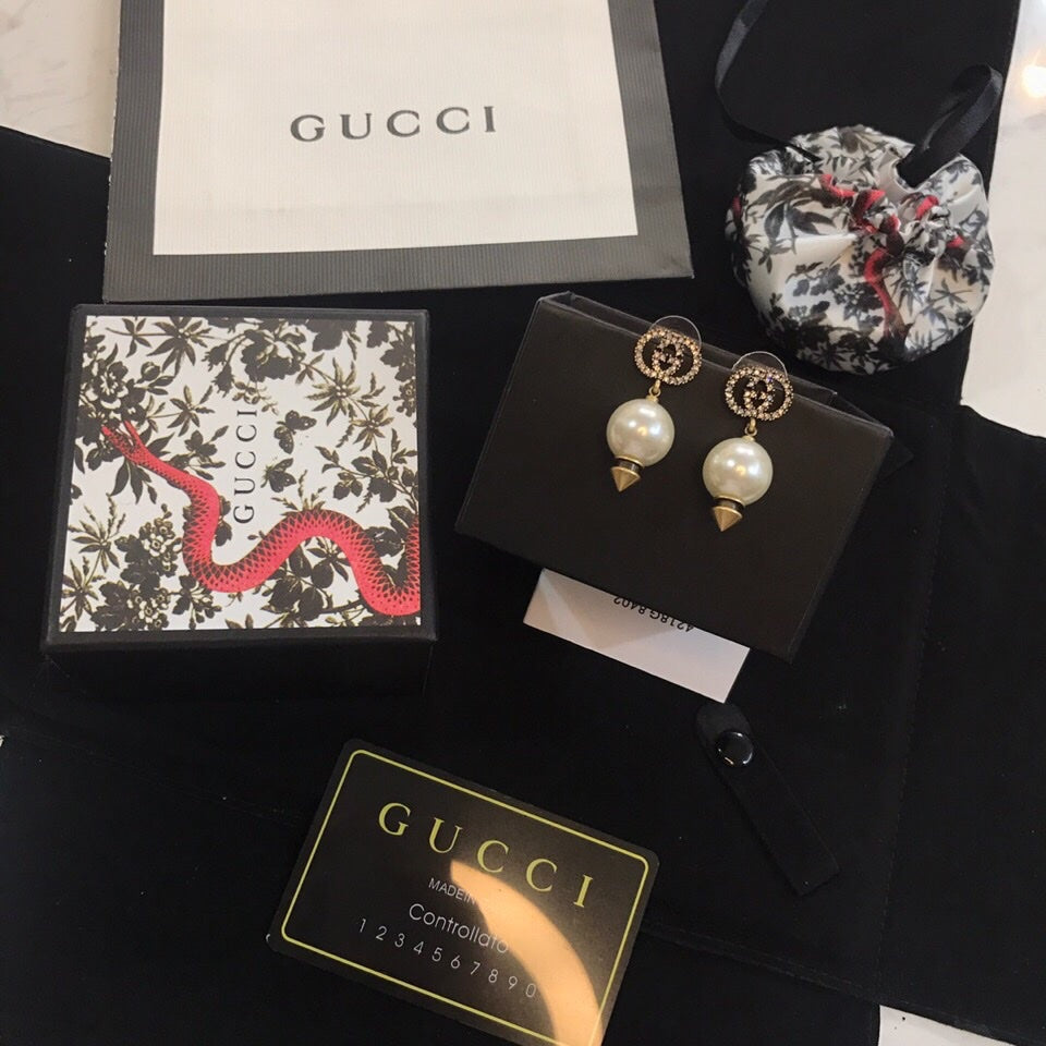 Gucci Double G Pearl Pendant Earrings - 18K Yellow Gold