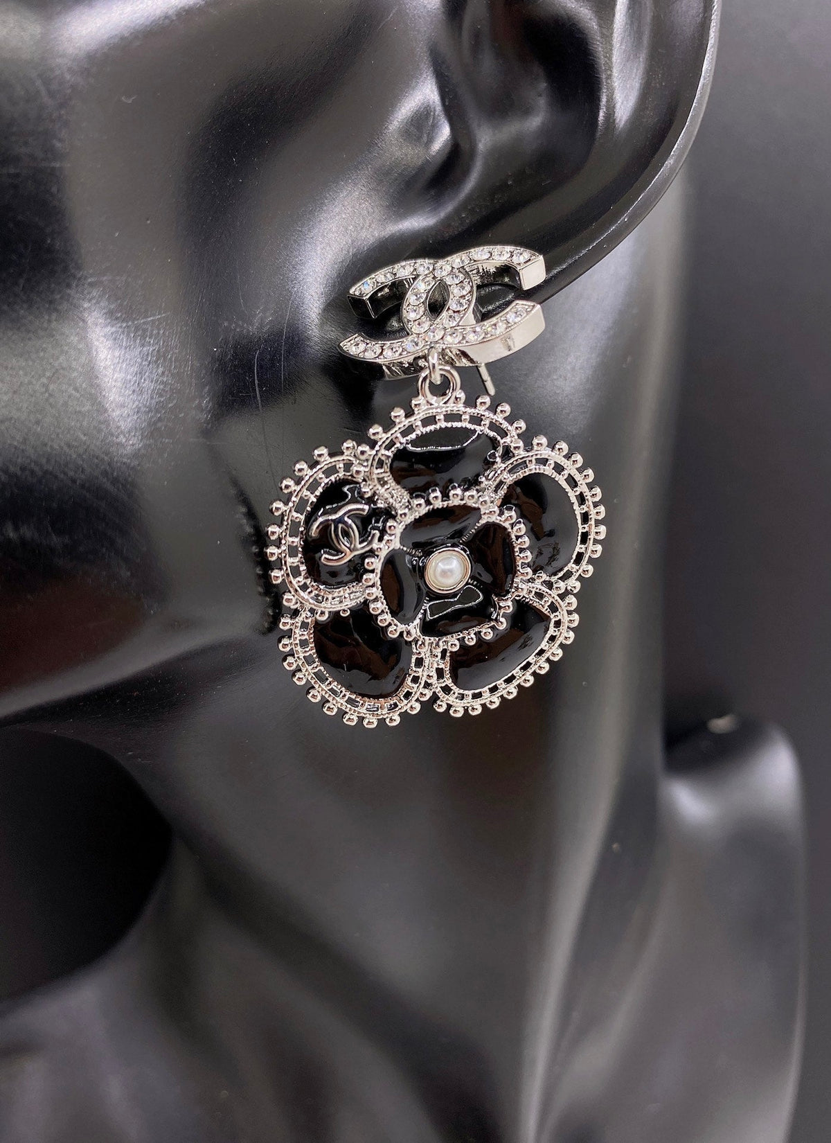 Chanel Black Pearl Camellia Earrings - 18K White Gold