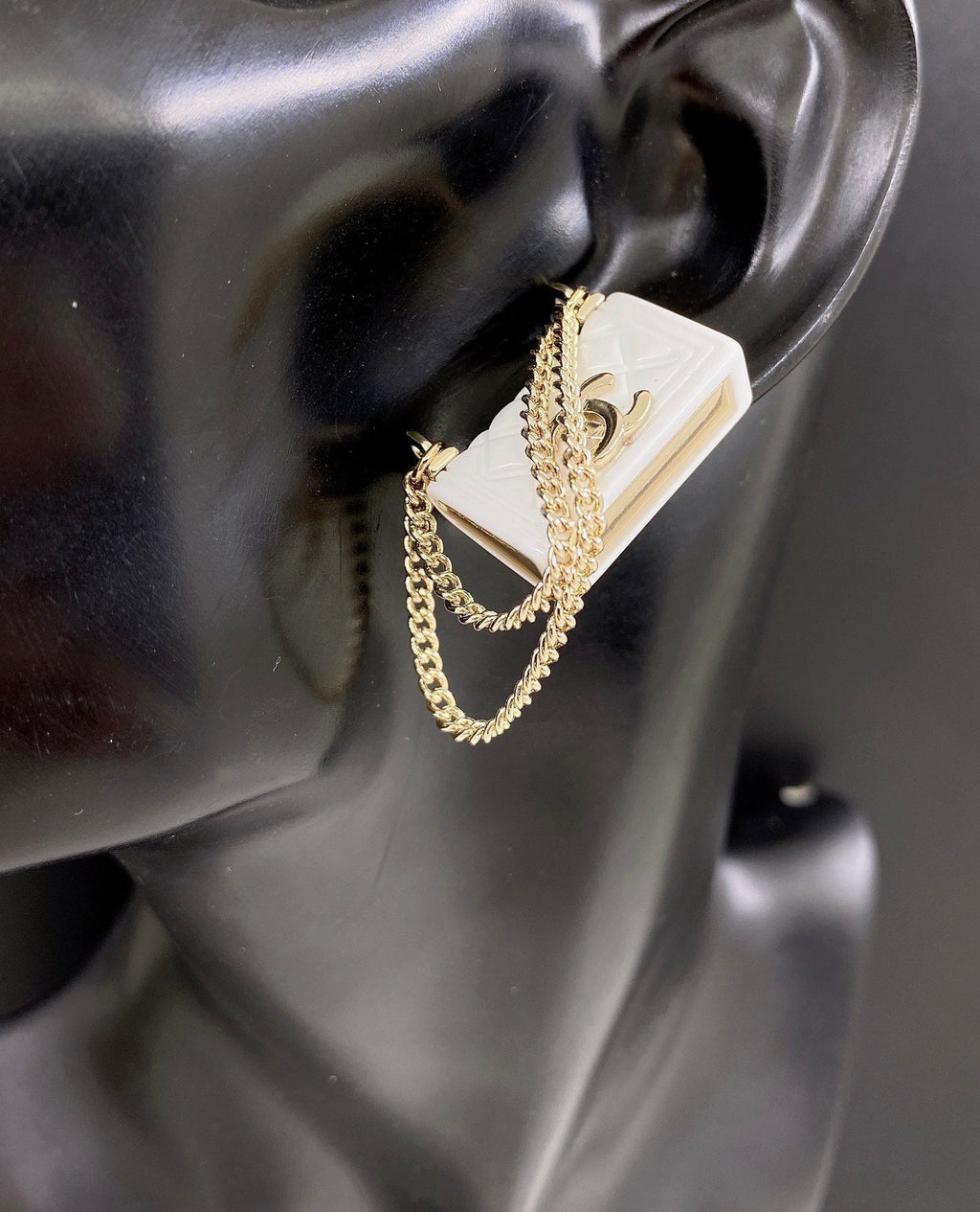 Chanel White Bag Earrings - 18K Yellow Gold
