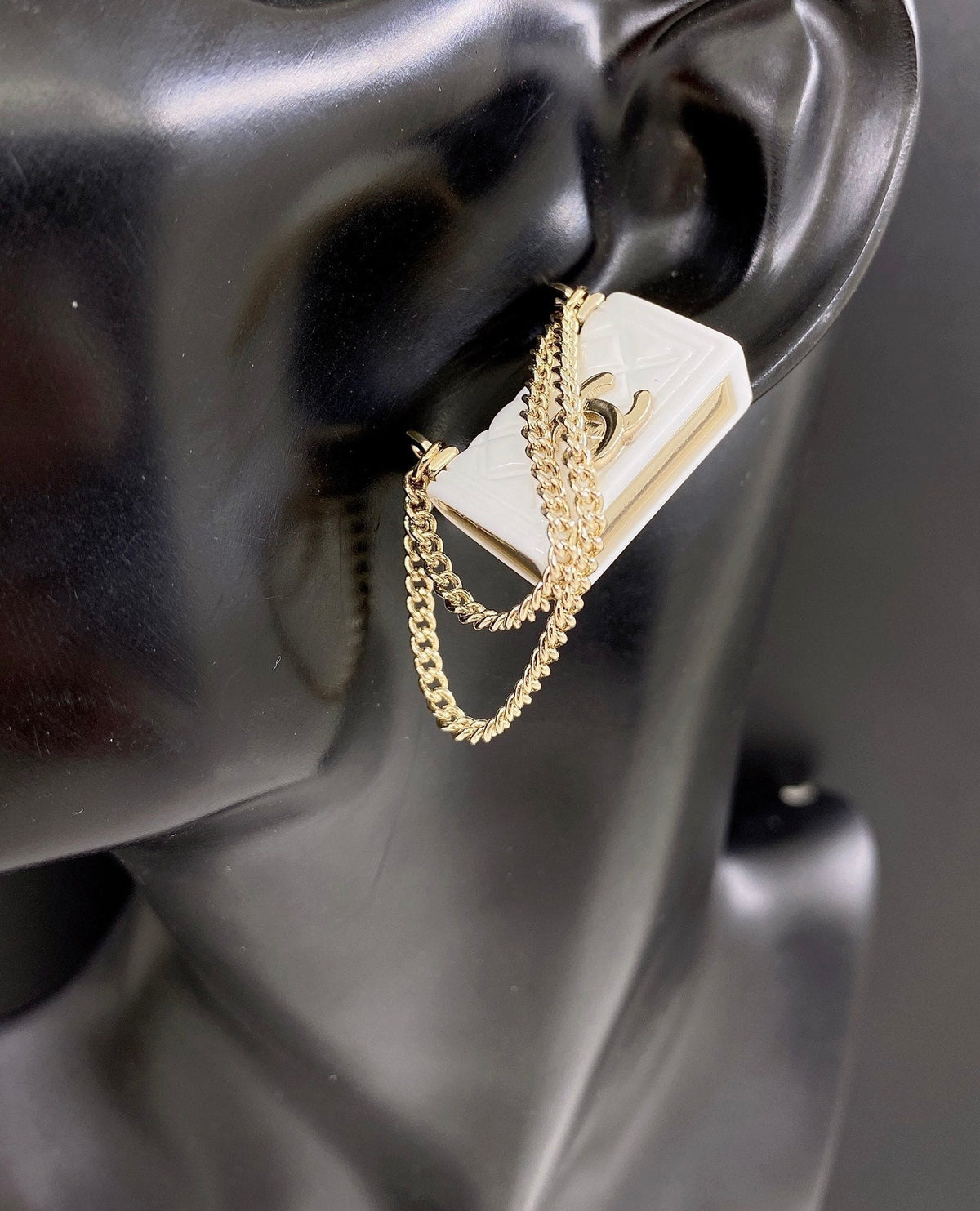 Chanel White Bag Earrings - 18K Yellow Gold