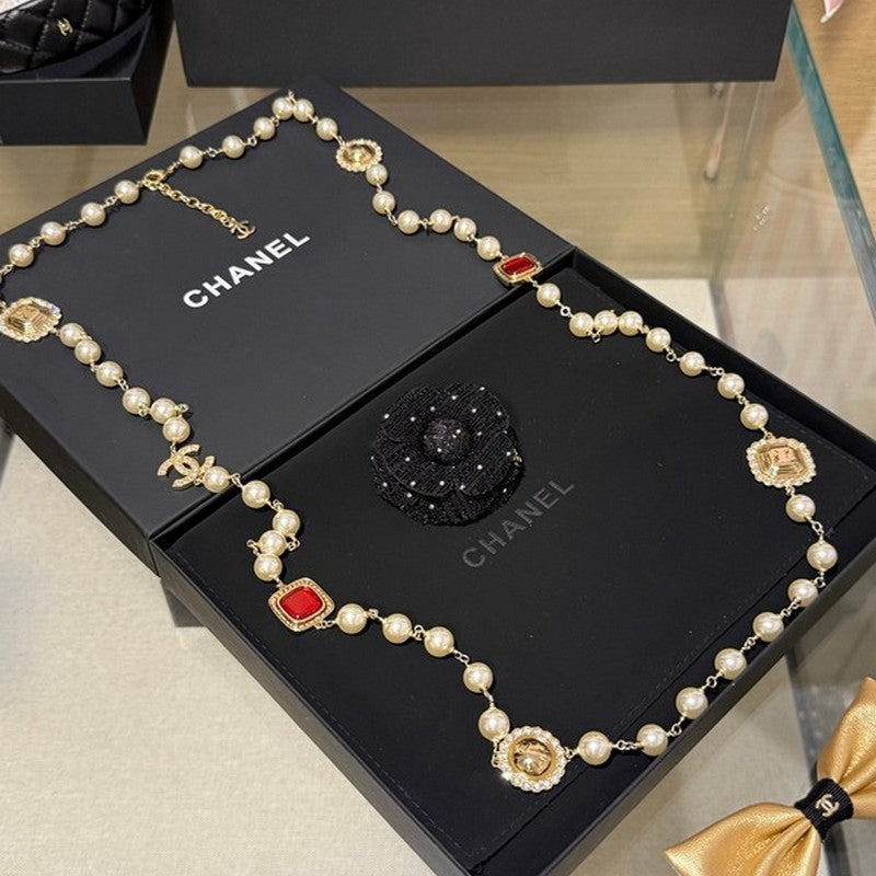 Chanel Long Pearl Red Crystal Necklace