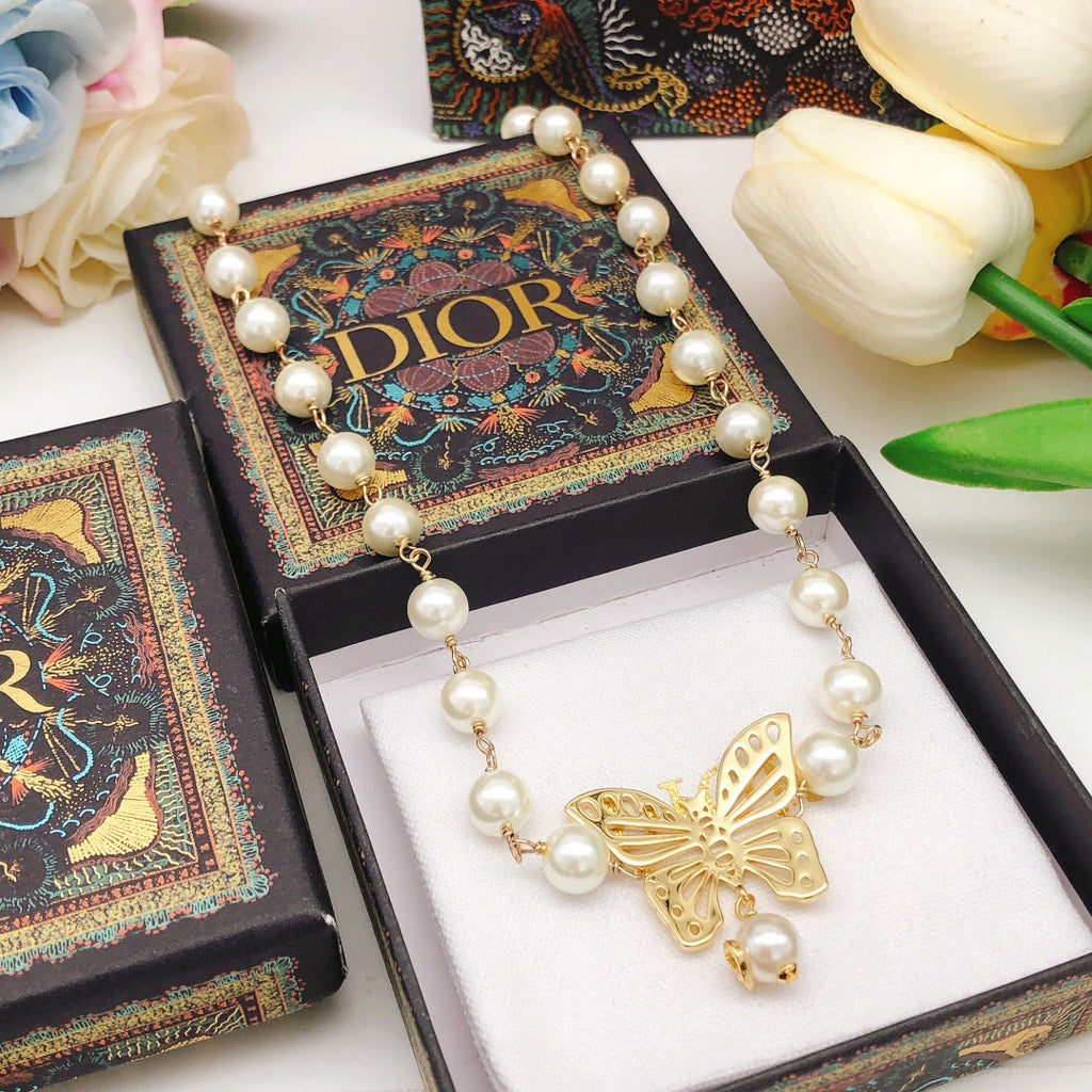 Dior Butterfly Pearl Chain Necklace
