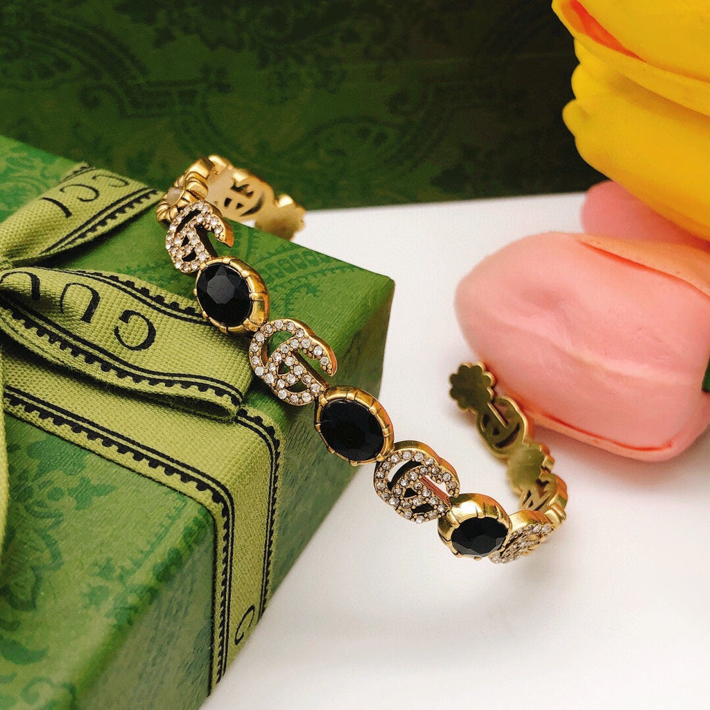 Gucci Double G Flowers Black Crystals Open Cuff Bracelet