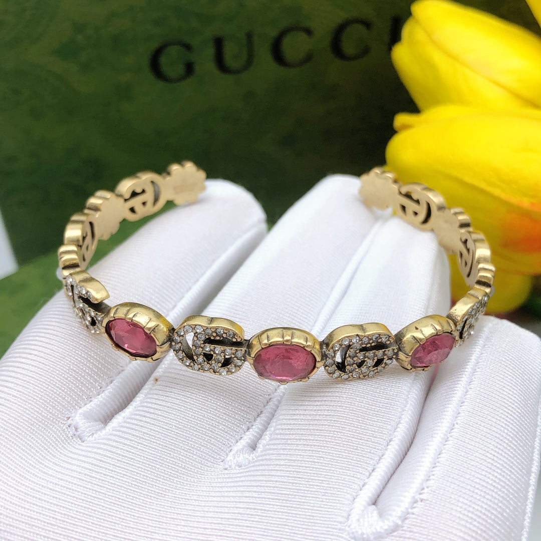 Gucci Double G Red Crystals Open Cuff Bracelet